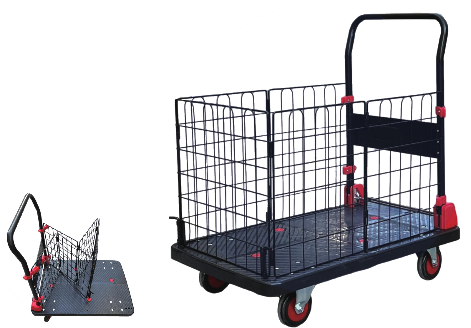 Foldable fence trolley with fold-down wire fence panels