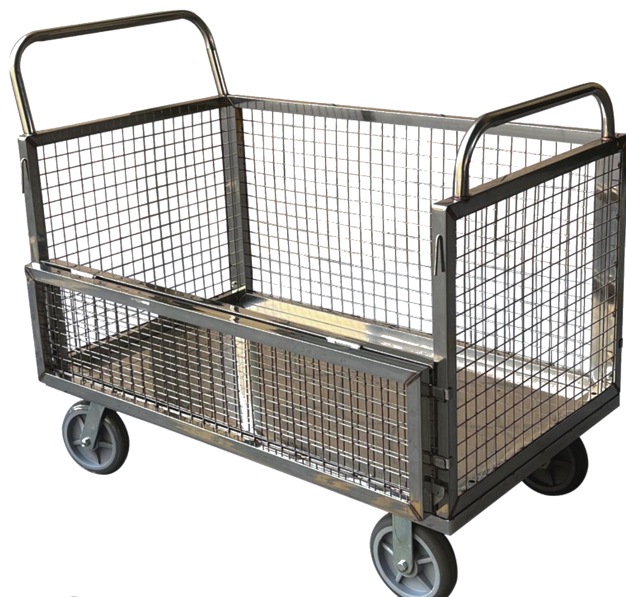 Stainless steel fence trolley, mirror-polished mesh cage